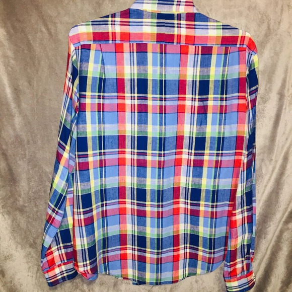 Polo Ralph Lauren Custom Fit 100% Linen Red Plaid Long Sleeve Shirt Men’s Large - Picture 5 of 7